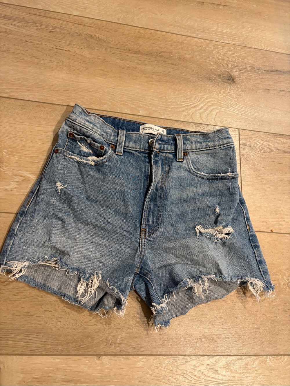 Abercrombie & Fitch Distressed Light Blue high rise 4” Denim Shorts
